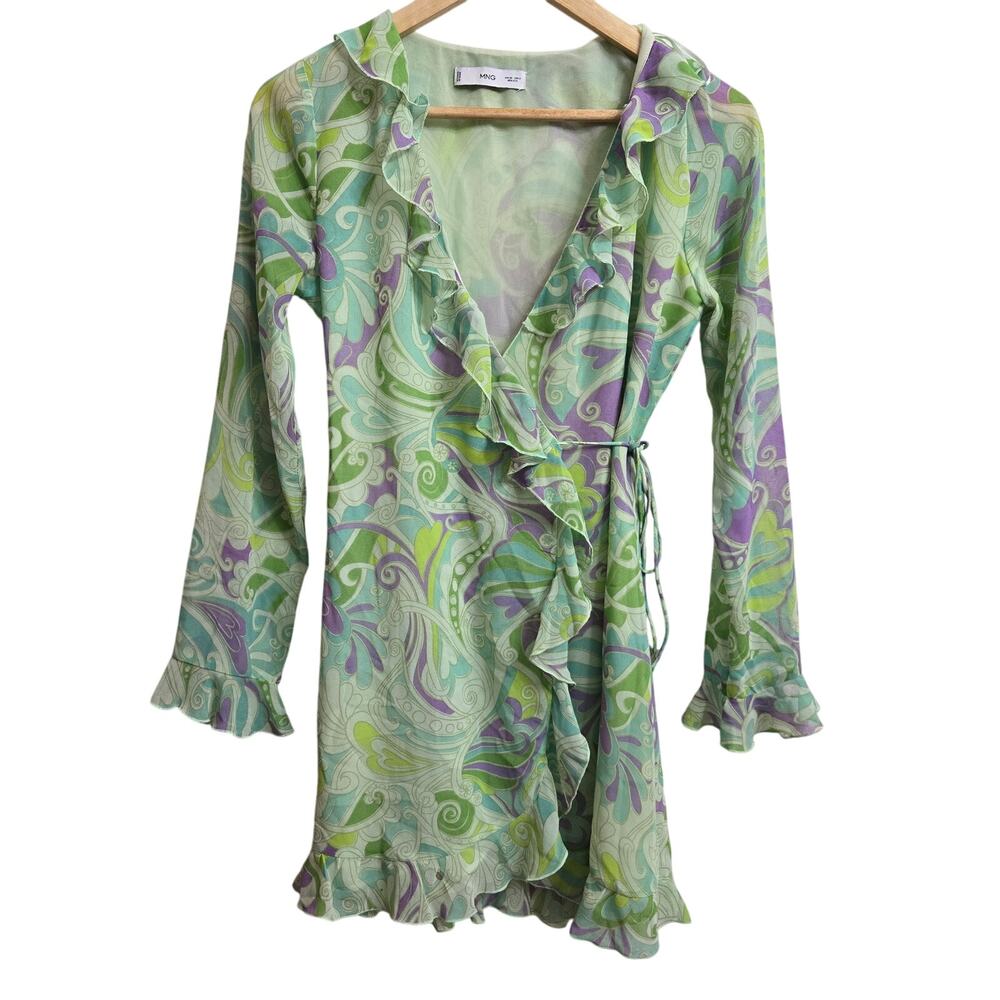MNG Mango Women Y2K Boho Fairy Eclectic Festival Sheer Ruffle Flowy Wrap Dress 2